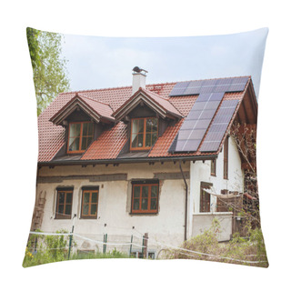 Personality  Solar Panels On Roof Of Country House. Old House With Solar Station On Tiling Roof. Pillow Covers