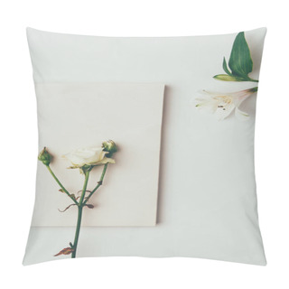Personality  Top View Of Beautiful Tender Rose With Buds And Lily Isolated On Grey Pillow Covers