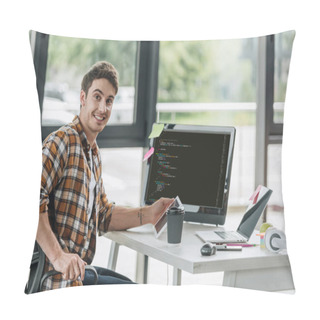 Personality  Cheerful Programmer Smiling At Camera While Sitting Near Computer Monitor With Script On Screen Pillow Covers