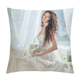 Personality  Portrait Of Sensual Curly Haired Girl In A White Dress Against T Pillow Covers