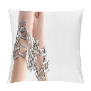 Personality  Panoramic Shot Of Woman In Metallic Chains Isolated On White, Human Rights Concept  Pillow Covers