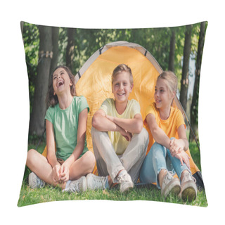 Personality  Happy Boy Sitting With Cute Friends Laughing Near Camp  Pillow Covers