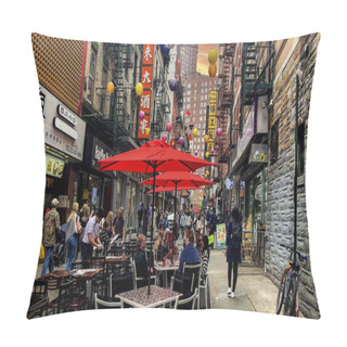 Personality  New York, USA; January 4, 2024: People Enjoying The Bustling Chinatown Neighborhood, With Its Many Chinese Restaurants, Drink Stores And Neon Lights. Pillow Covers