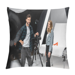 Personality  Happy Young Photographers Standing Near Professional Photo Equipment And Smiling At Camera In Studio  Pillow Covers