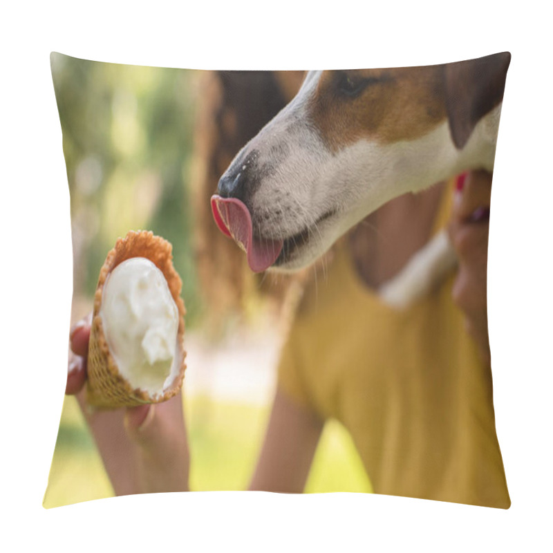 Personality  cropped view of woman feeding jack russell terrier dog with tasty ice cream pillow covers