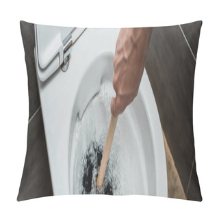 Personality  Cropped View Of Plumber Using Plunger In Toilet Bowl During Flushing In Modern Restroom With Grey Tile, Panoramic Shot Pillow Covers