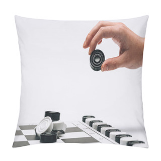 Personality  Cropped View Of Woman Holding Black Checker With Checkerboard Isolated On White Pillow Covers