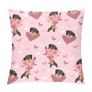 Personality  Cute Dachshund Dogs And Pink Hearts Seamless Pattern Background. Valentines Day. Vector Cartoon Doodle Illustration Pillow Covers