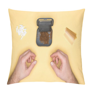 Personality  Partial View Of Young Man Posing With Tobacco Box Isolated On Yellow Pillow Covers