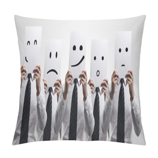 Personality  Five Business Men Holding A Card With Emotional Face. Pillow Covers