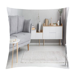 Personality  Grey Lounge Standing In Bright Sitting Room Interior With Books, Plants And Decorations On Cupboard, Carpet On The Floor And Small Table Pillow Covers