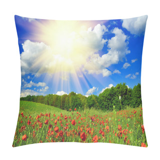 Personality  Red Poppies On The Green Meadow Pillow Covers