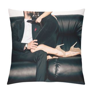 Personality  Cropped View Of Sexy Girl In Black Dress Holding Tie Of Bearded Man Sitting On Sofa  Pillow Covers
