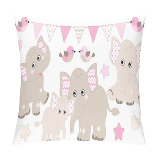 Personality  Cute Elephants Set. Vector Elephant Illustration For Baby Girl Shower. Vector Baby Elephant.  Pillow Covers