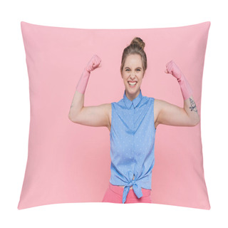Personality  Happy And Tattooed Woman In Rubber Gloves Showing Power Isolated On Pink  Pillow Covers