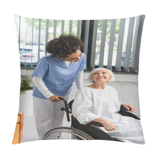 Personality  African American Nurse Looking At Elderly Patient In Gown And Wheelchair  Pillow Covers
