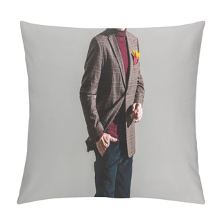 Personality  Cropped View Of Stylish Middle Aged Man In Glasses And Cap Standing With Hand In Pocket On Grey  Pillow Covers