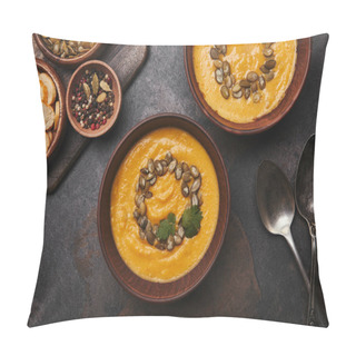 Personality  Top View Of Bowls With Tasty Pumpkin Soup, Spoons, Spices And Rusks On Dark Surface Pillow Covers