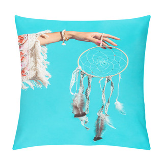 Personality  Hippie Girl Holding Dreamcatcher In Hand Pillow Covers