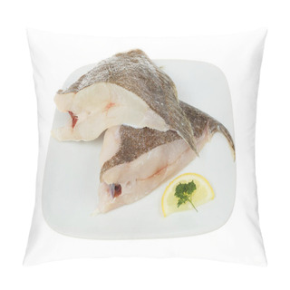 Personality  Two Raw Brill Fish Cutlets On A Plate Isolated Against White Pillow Covers