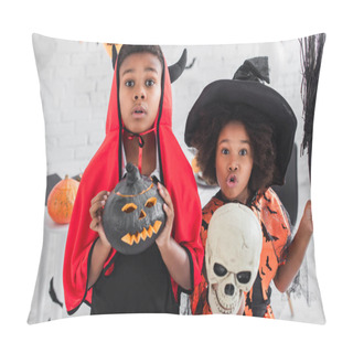 Personality  Spooky African American Children In Halloween Costumes Holding Skull, Carved Pumpkin And Broom  Pillow Covers