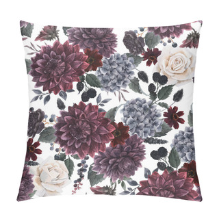 Personality  Beautiful Vector Seamless Pattern With Watercolor Dark Blue, Red And Black Dahlia Hydrangea Flowers. Stock Illustration. Pillow Covers