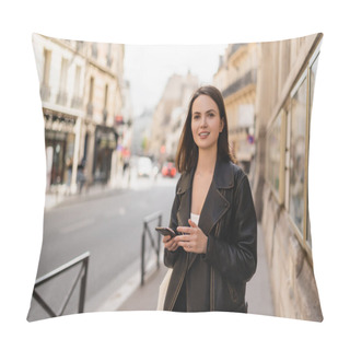 Personality  Cheerful Young Woman In Black Leather Jacket Holding Smartphone On Street In Paris  Pillow Covers