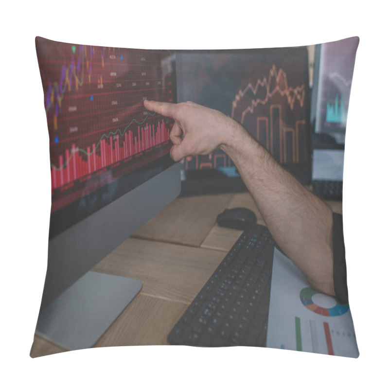 Personality  Cropped View Of Data Analyst Pointing On Charts On Computer Monitor  Pillow Covers