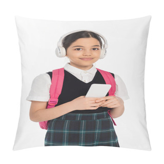 Personality  Digital Age, Joyful Schoolgirl In Wireless Headphones Holding Smartphone Isolated On White, Student Pillow Covers