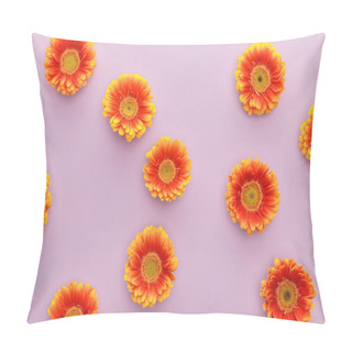 Personality  Top View Of Orange Gerbera Flowers On Violet Background Pillow Covers