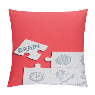 Personality  Top View Of Unfinished White Puzzles Near Separate Piece With Brain Lettering Isolated On Red  Pillow Covers