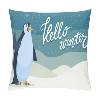 Personality  Hello Winter Penguin Character On Greeting Card Pillow Covers