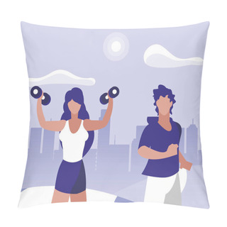 Personality  Athletic Man Running And Woman Weight Lifting In The Park Pillow Covers