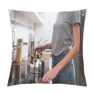 Personality  Cropped View Of Woman Touching Teapot On Electric Stove In Kitchen  Pillow Covers