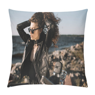 Personality  Beautiful Curly Girl In Sunglasses Sitting On Motorcycle Pillow Covers