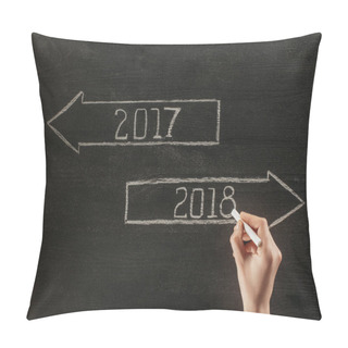Personality  Cropped Shot Of Female Hand With Chalk And 2017, 2018 Signs On Dark Wooden Surface  Pillow Covers