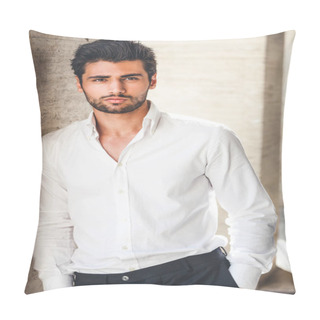 Personality  Portrait Of Young Handsome Man In White Shirt Outdoor. Nice Appearance With Stylish Hair And Beard. Leaning With A Side On A Wall Pillow Covers