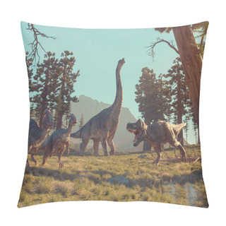 Personality  Dinosaurs In The Nature At Mountains . This Is A 3d Render Illustration. Pillow Covers