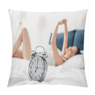 Personality  Selective Focus Of Alarm Clock And Young Woman Lying On Bed At Morning  Pillow Covers