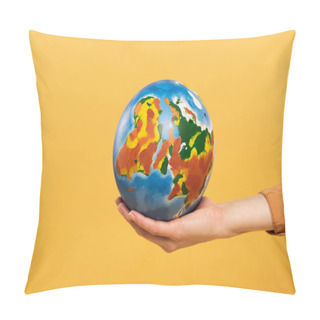 Personality  Cropped View Of Globe In Woman Hand Isolated On Yellow Pillow Covers
