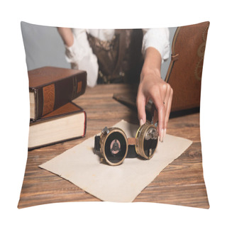 Personality  Cropped View Of Woman Holding Steampunk Goggles At Workplace Pillow Covers