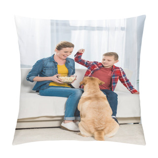 Personality  Mother And Son Feeding Their Dog With Popcorn While He Sitting On Floor Pillow Covers