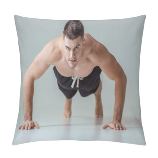 Personality  Sexy Muscular Sportsman With Bare Torso Doing Push Ups On Grey Pillow Covers