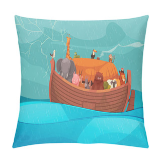 Personality  Noahs Ark With Pets During Storm At Sea Flat Color Background Cartoon Vector Illustration Pillow Covers