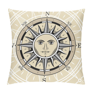 Personality  Compass In The Form Of The Sun. The Style Of Engraving. Pillow Covers