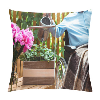 Personality  Cropped View Of Senior Disabled Man Sitting In Wheelchair And Watering Plant  Pillow Covers