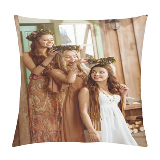 Personality  Bohemian Women In Floral Wreaths Pillow Covers