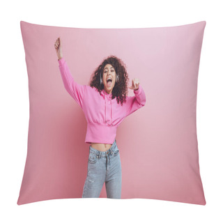 Personality  Excited Mixed Race Girl Dancing And Singing While Listening Music In Wireless Headphones On Pink Background Pillow Covers