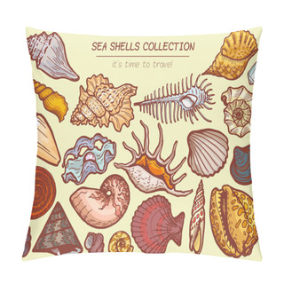 Personality  Sea Shells Collections Icon, Time To Travel Advertisement Banner Cartoon Vector Illustration. Explore Ocean Flora Fauna, Seaside Wildlife. Pillow Covers