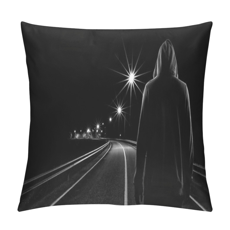 Personality  Teenager boy standing alone in the street at night pillow covers